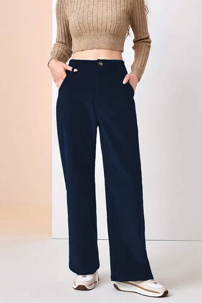 CWBLP1400_SOLID COLOR HIGH WAIST CASUAL STRAIGHT TROUSERS