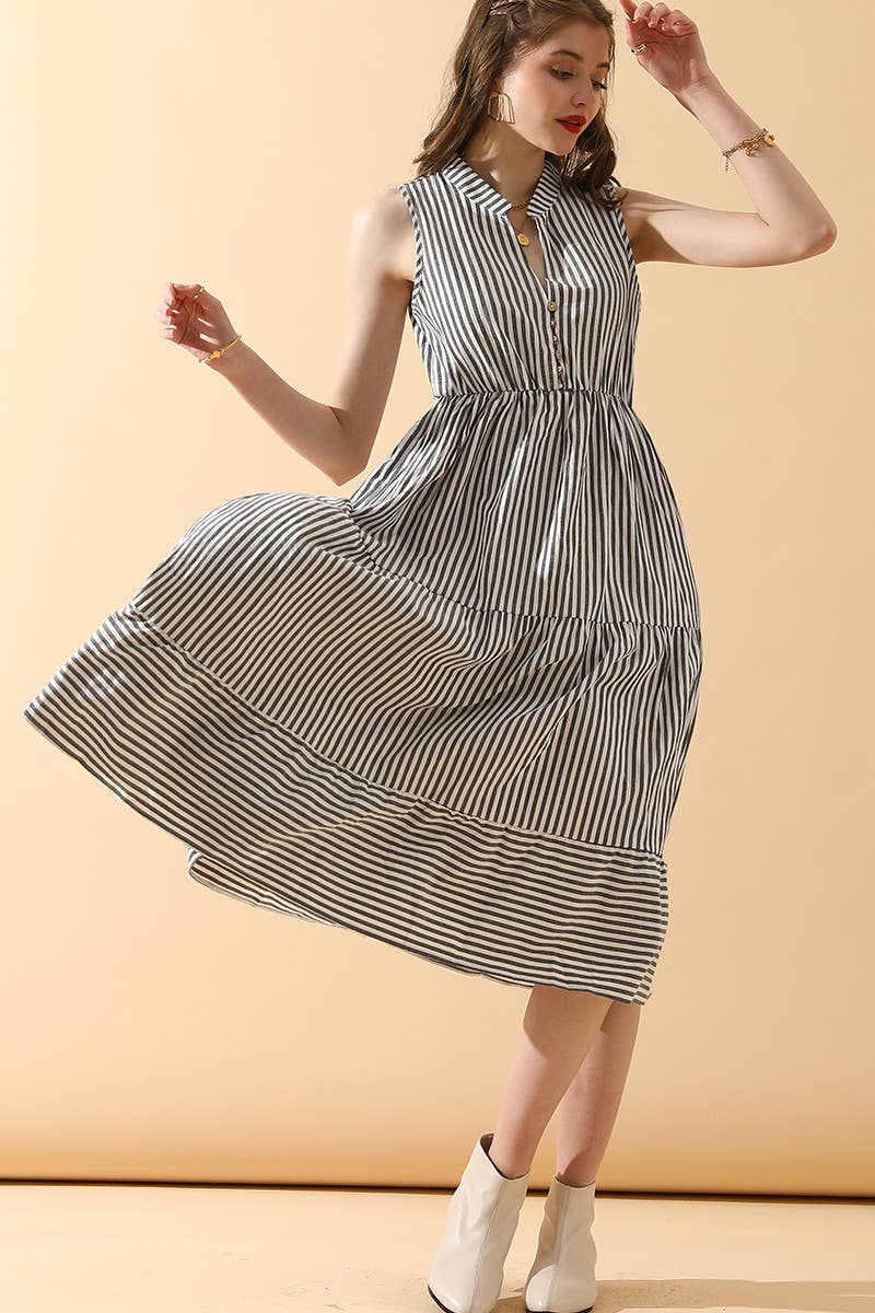 CWDMD821_STRIPE SLEEVELESS SHIRT COLLAR CANCAN DRESS