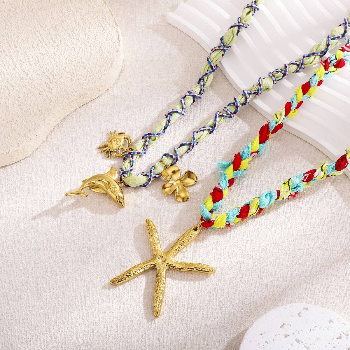 Handmade Ocean Scarf Necklace with Star & Dolphin