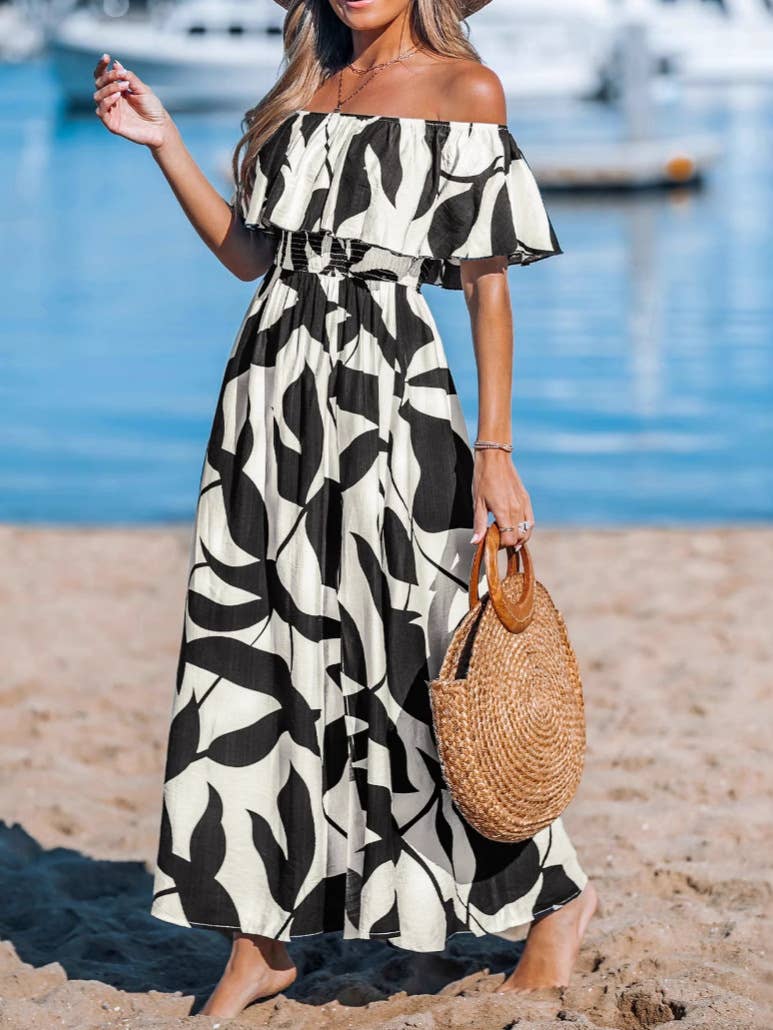 One-shoulder vacation-style leaf-printed dress