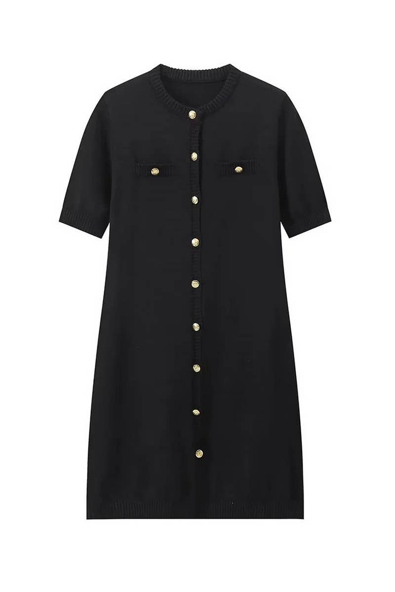 CWDSD6600_SHORT SLEEVE BUTTON KNIT SWEATER DRESS