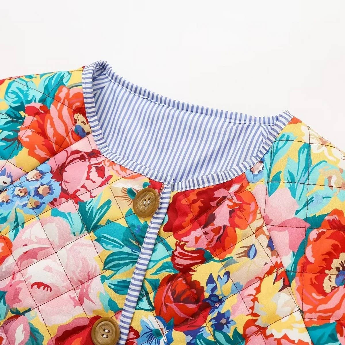 FLORAL PRINT CREW NECK PUFF SLEEVE QUILTED JACKETS
