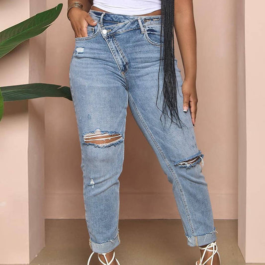 PERSONALIZED RIPPED DIAGONAL BUCKLE STRETCH JEANS