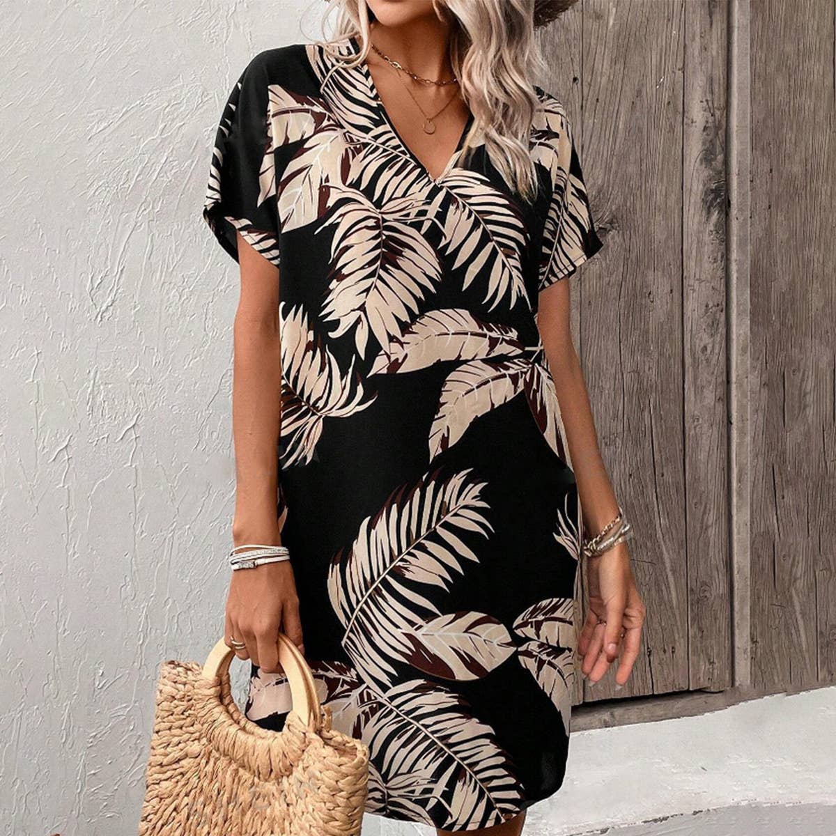 Plant print v-neck casual loose mid-length dress