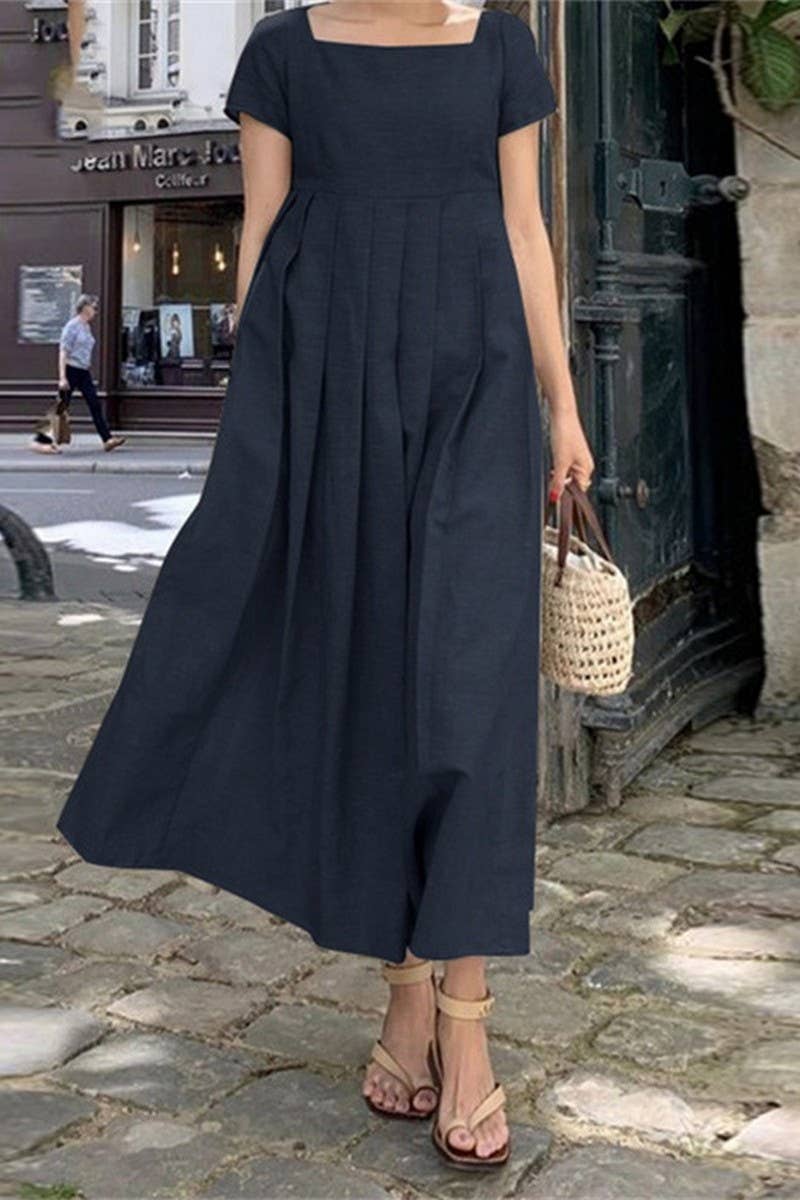 CWDMD3157_COTTON AND LINEN  SQUARE NECK LONG DRESS