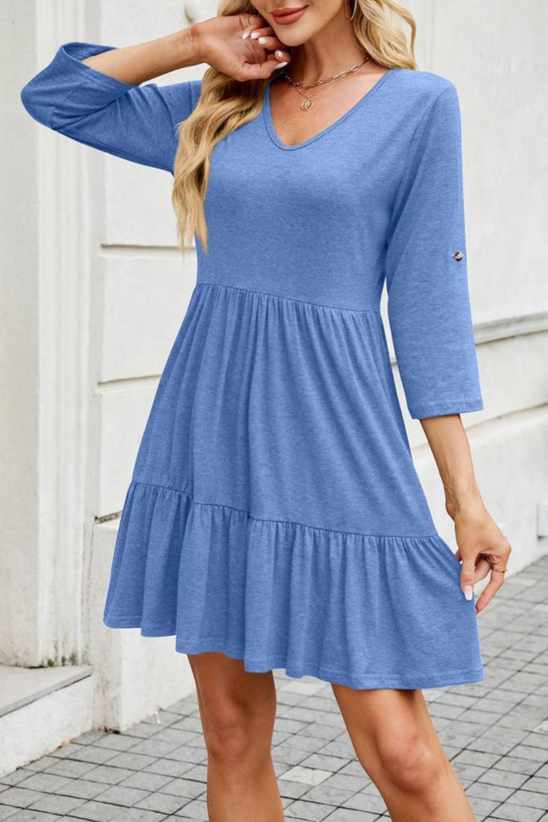 CWDSD7422_LOOSE MID-LENGTH SLEEVE V-NECK PLEATED RUFFLE DRES
