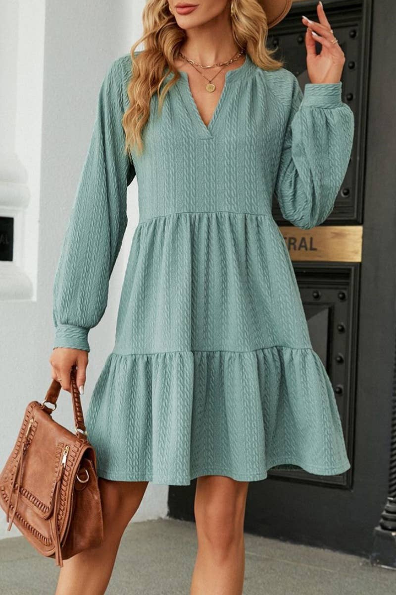 CWDSD6464_AUTUMN WINTER V-NECK LONG-SLEEVED DRESS SHORT
