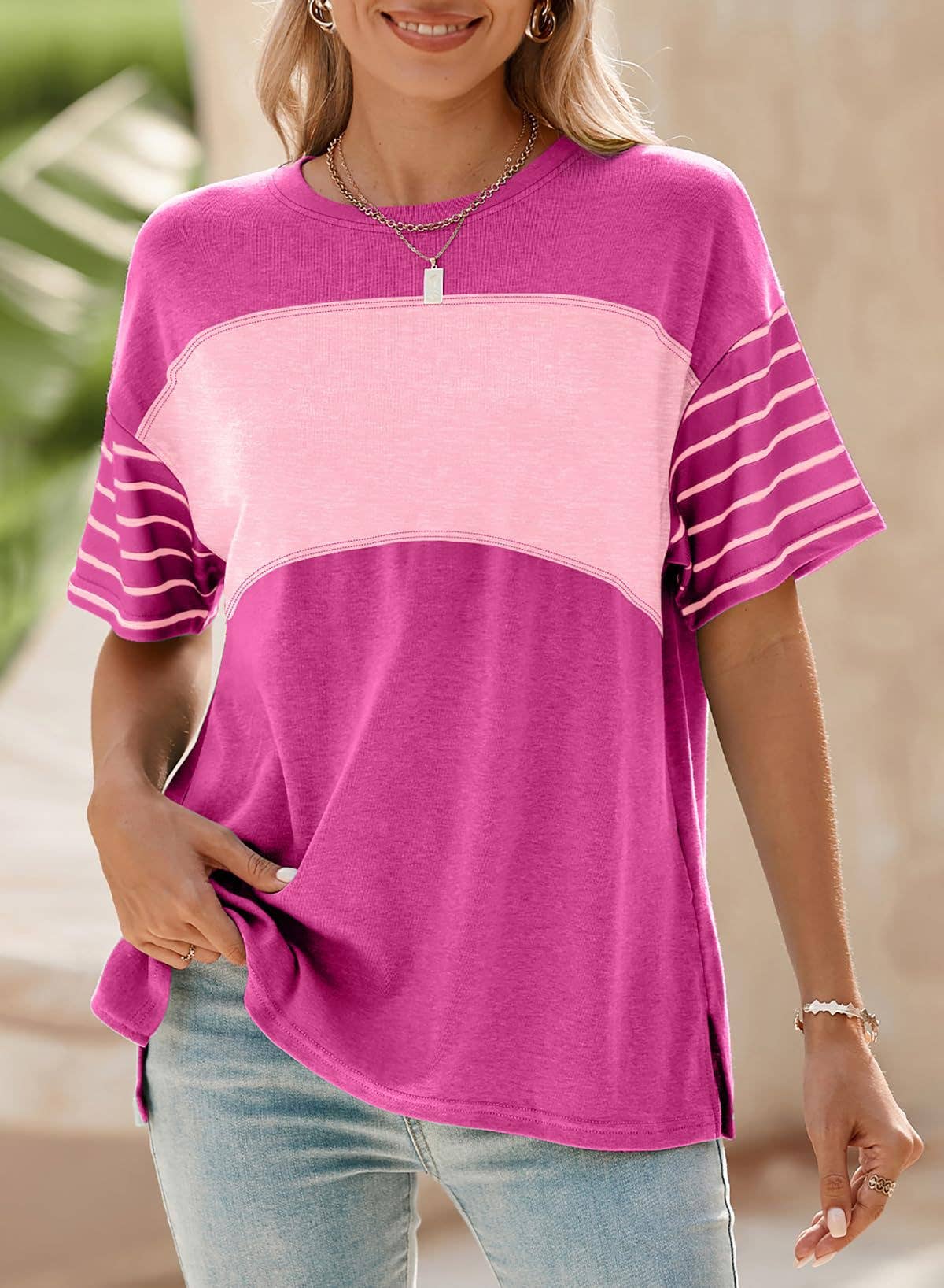 Women¡¯s colorblock striped crew neck tee