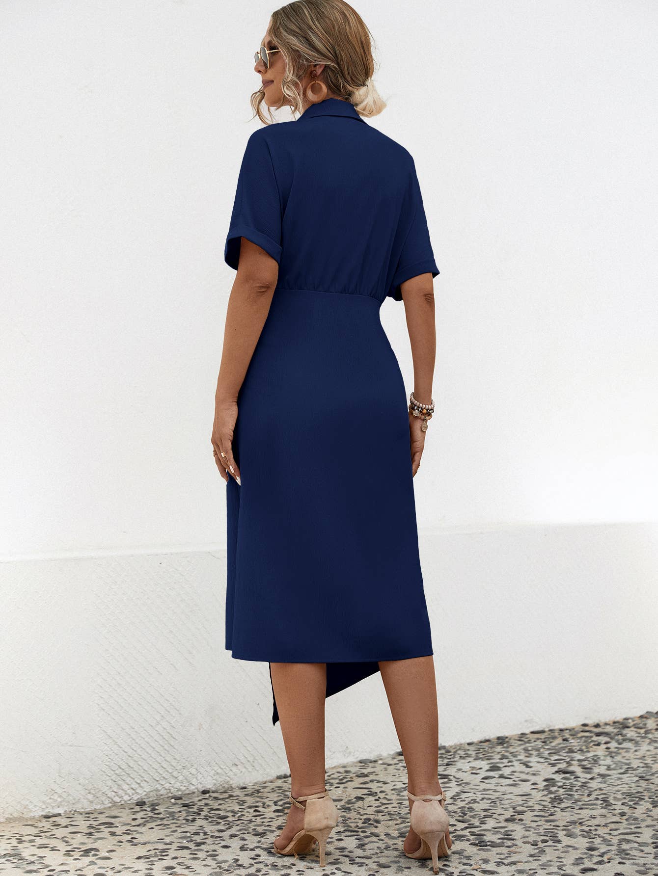 LAPEL WRAP SHORT SLEEVE LONG DRESS