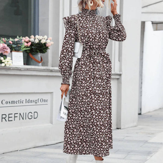 WOODEN EAR SLEEVES WITH BELT FLORAL PRINT DRESS