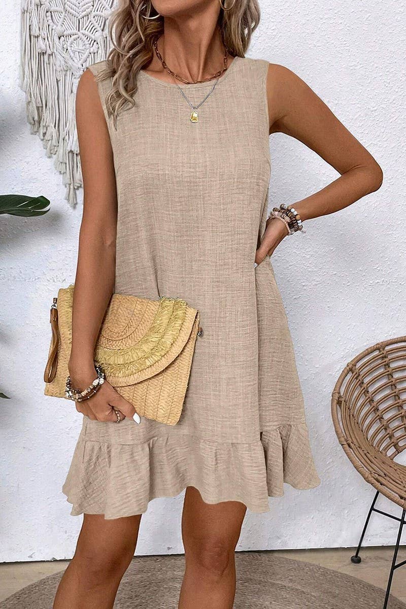 CWDSD7395_SOLID COLOR RUFFLE SLEEVELESS CASUAL TANK DRESS