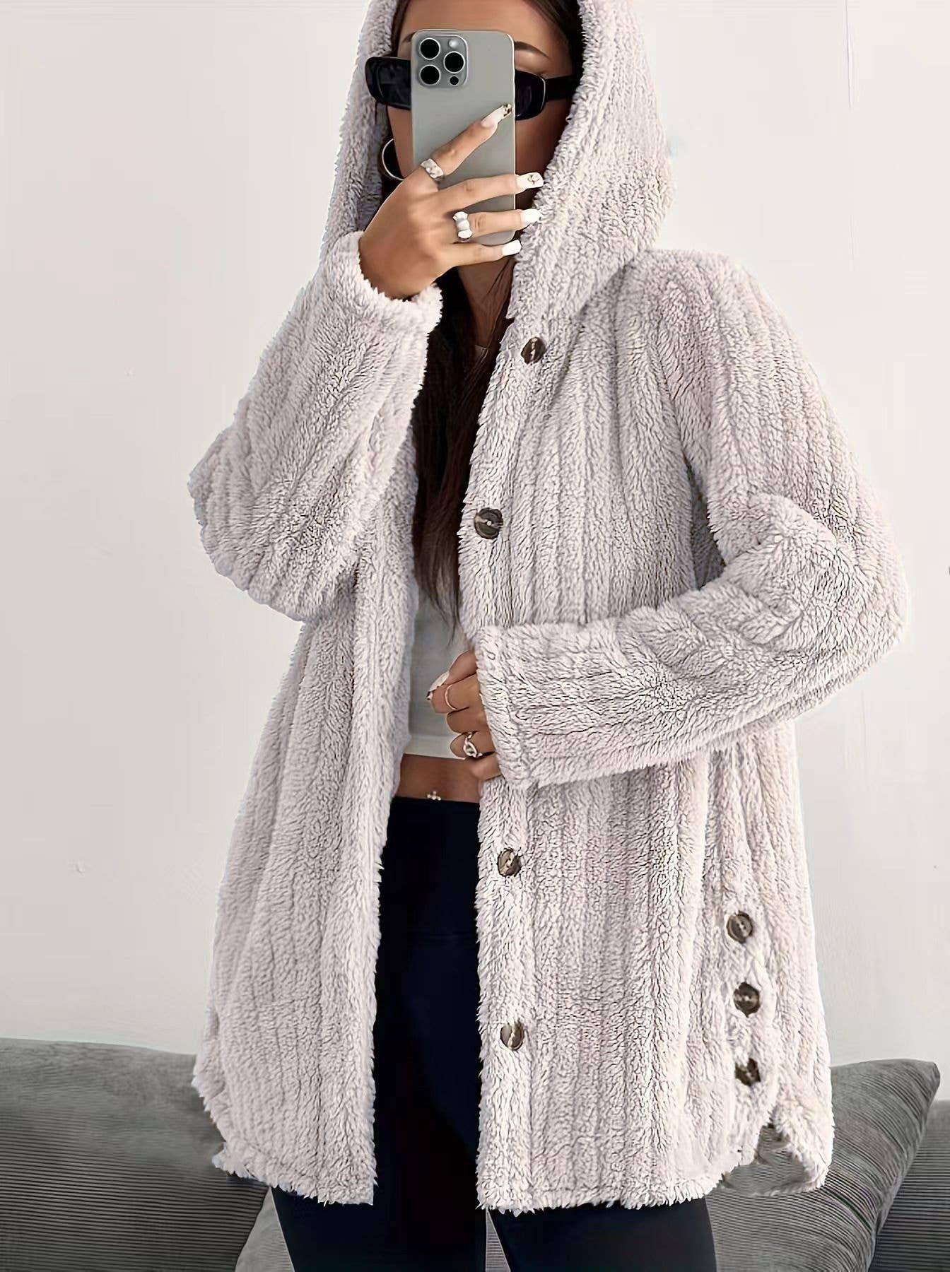 SOLID COLOR LONG SLEEVE HOODED LOOSE FLUFFY COAT