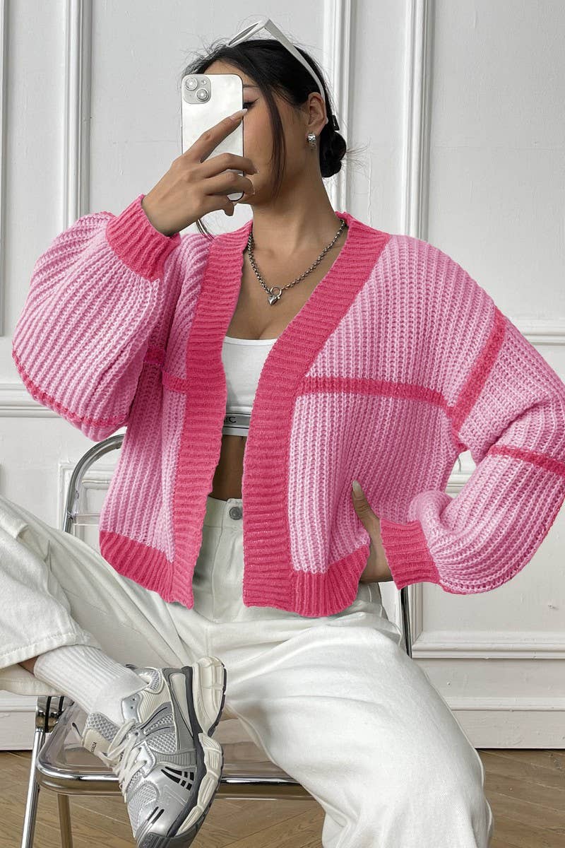 CWOSWL07344_WOMEN COLOR BLOCK KNIT CASUAL CARDIGAN