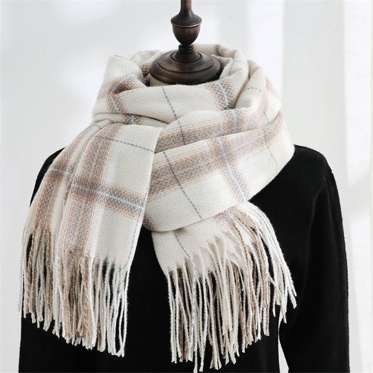 Plaid Faux Cashmere Scarf - Tassel Winter Shawl_CWASC0218