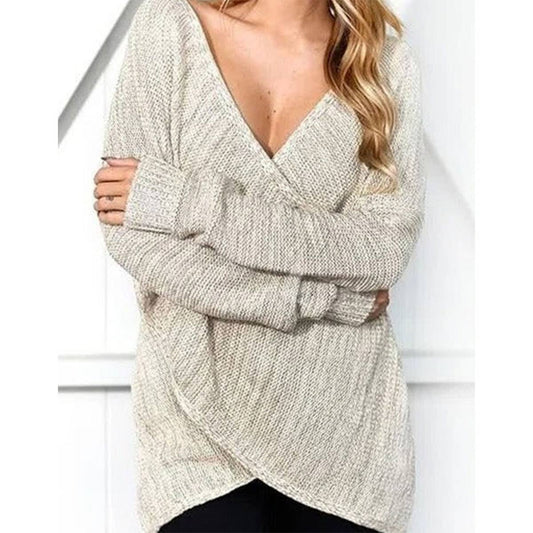 SOLID COLOR SWEATER WITH LOOSE CROSS V-NECK