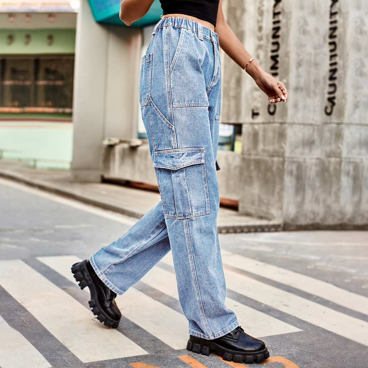 Casual Cargo Jeans ??Washed Half Elastic Waist_CWJP0626