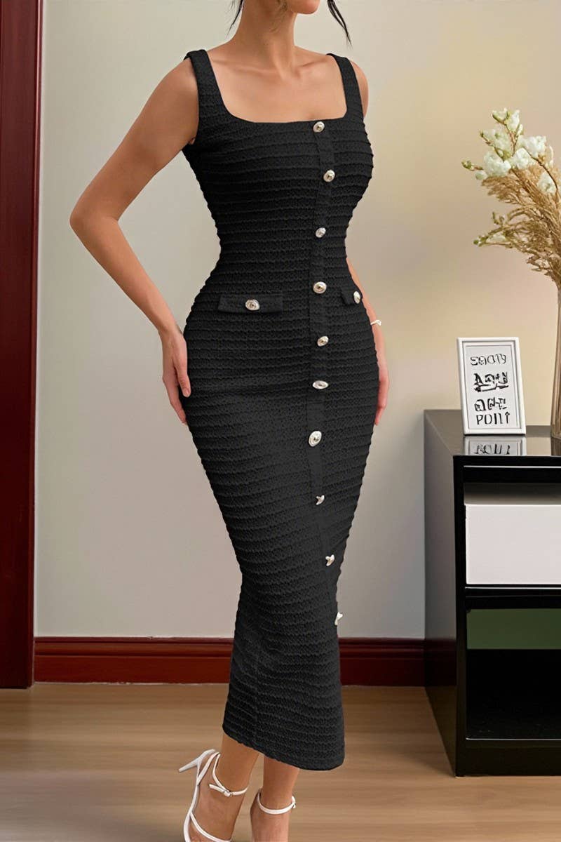 CWDMD01184_SQUARE NECK ELEGANT BUTTON BODYCON MAXI DRESS