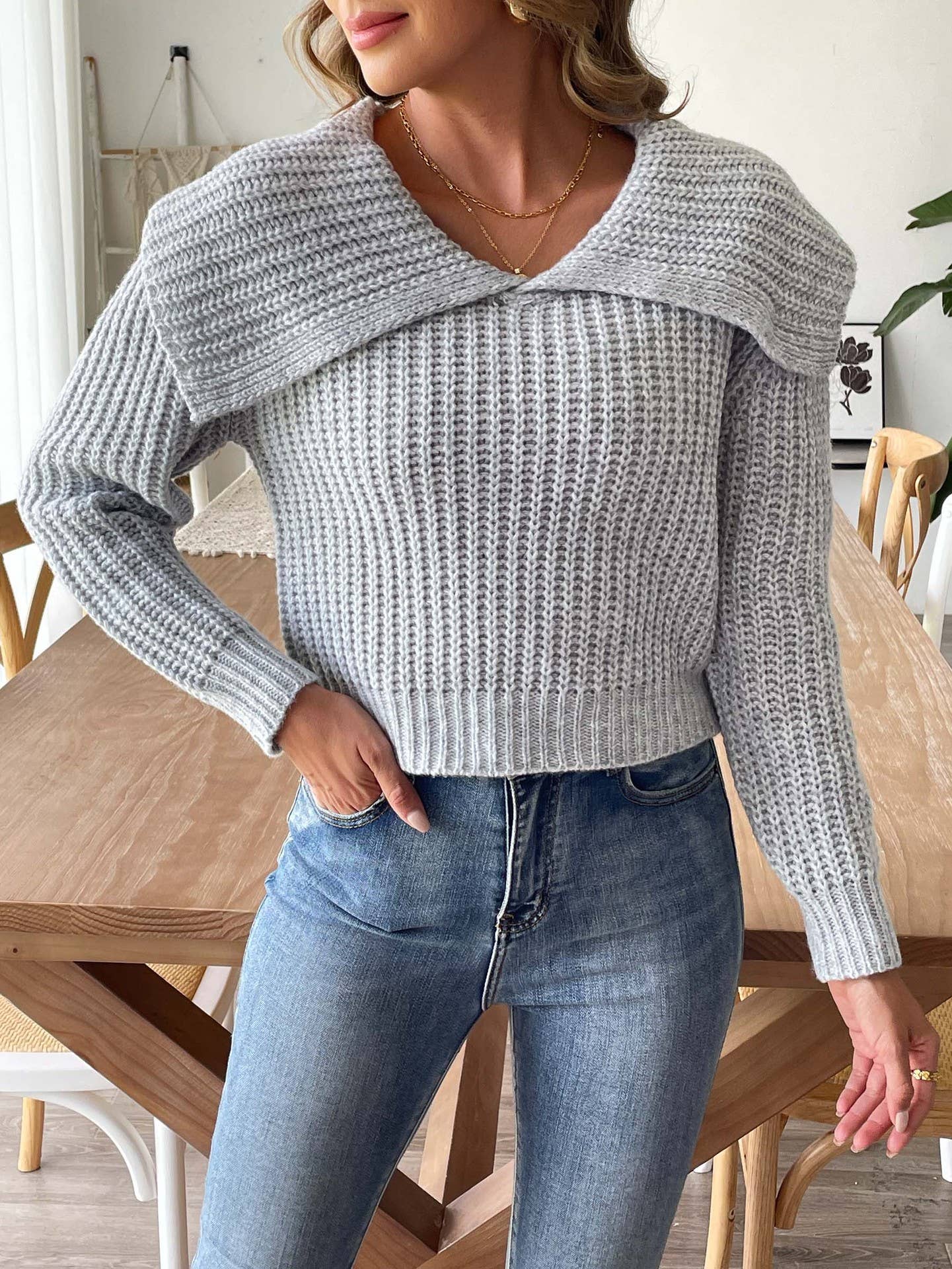 WOVEN SWEATER LARGE LAPEL PULLOVER SWEATER