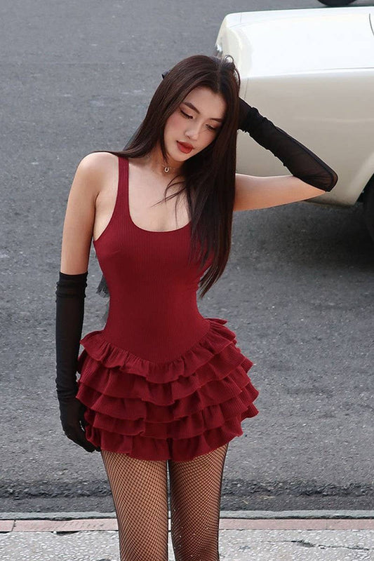 CWDSD7678_RED KNIT SLEEVELESS RUFFLE DRESS