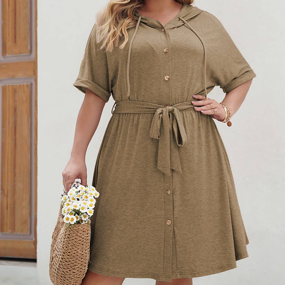 SOLID COLOR PLUSSIZE LOOSE HOODED SLIMMING DRESS_CWDSD3142