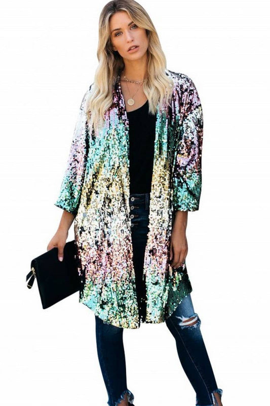 CWOCO1127_COLORFUL SEQUIN CARDIGAN TRENCH COAT