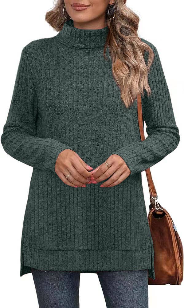 SOLID COLOR HIGH NECK SLIT SLIT LOOSE T-SHIRT