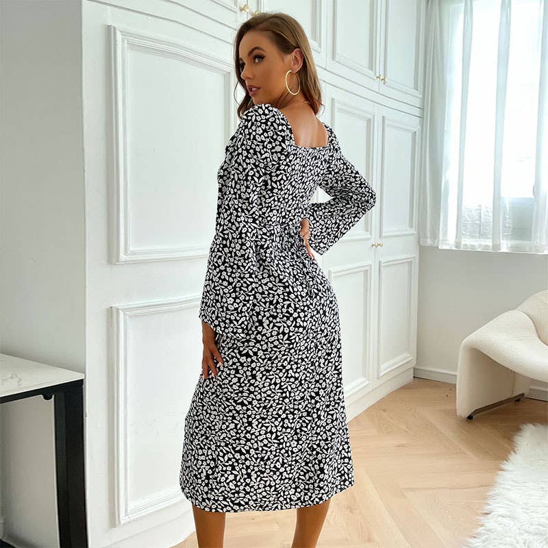 PRINTED LONG SLEEVE V-NECK LACE-UP LONG DRESS