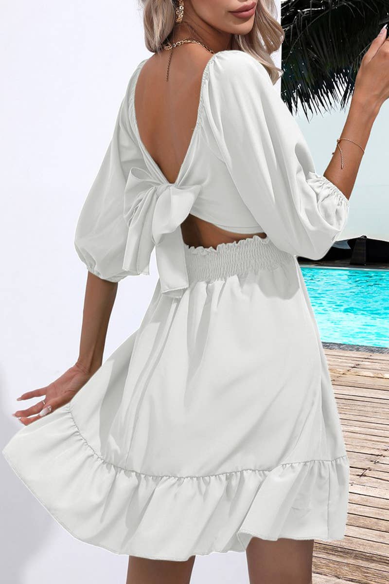 CWDSD7390_SUMMER RUFFLED SQUARE NECK TIE SHORT DRESS