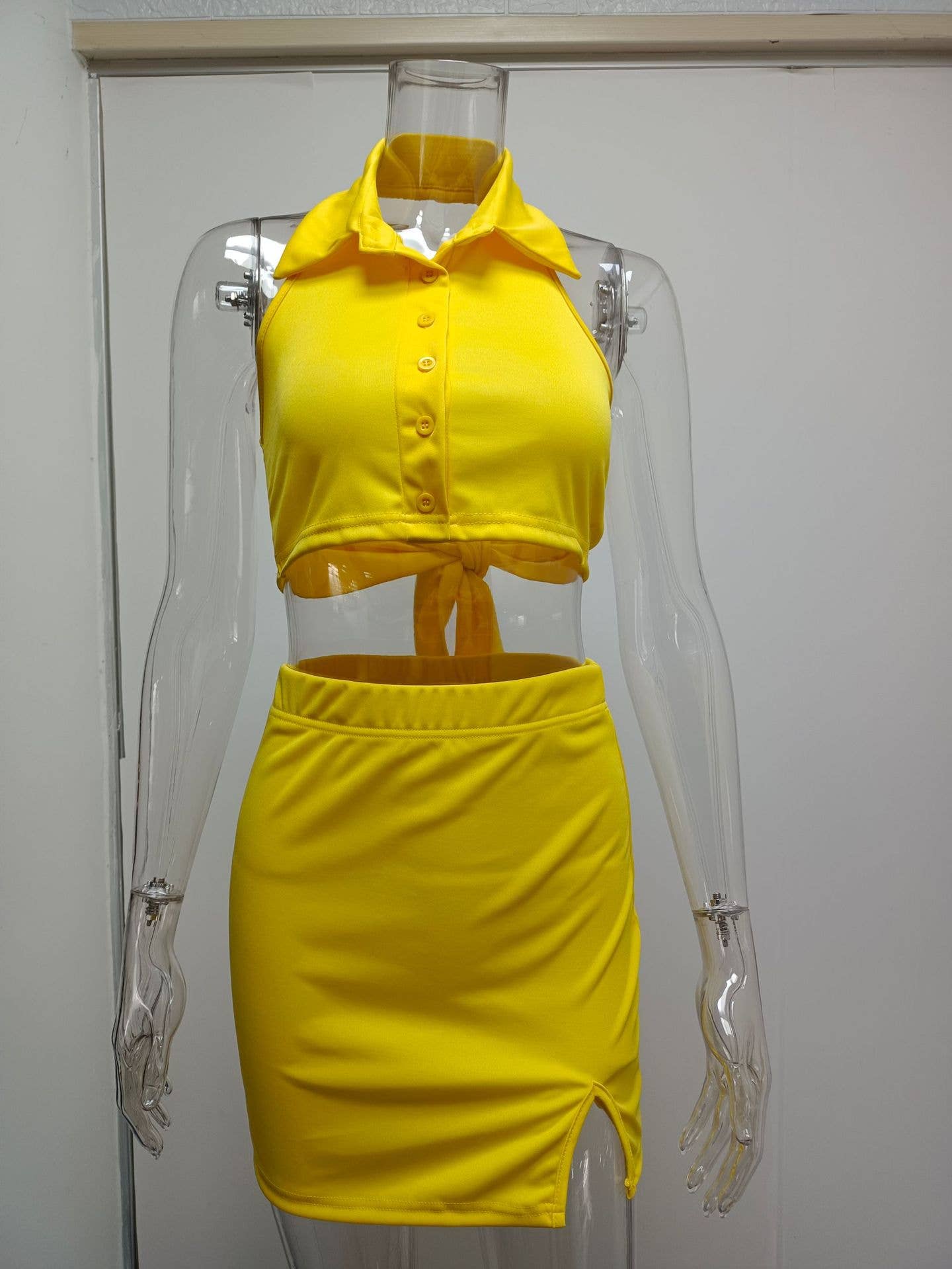 Lace-up POLO collar exposed waist short skirt set