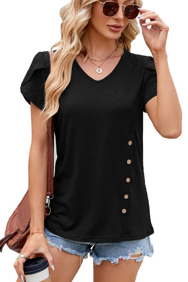 V NECK BUTTON PETALS SLEEVE SHORT SLEEVE SHIRT_CWTSTS0150