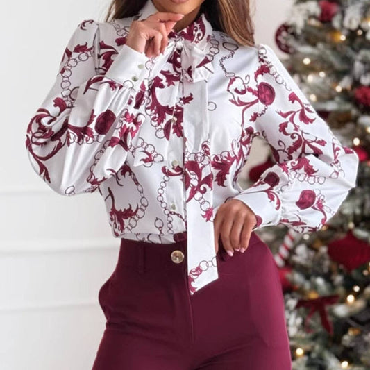 SIMPLE ALL-IN-ONE PRINTED LONG-SLEEVED BOW SHIRT