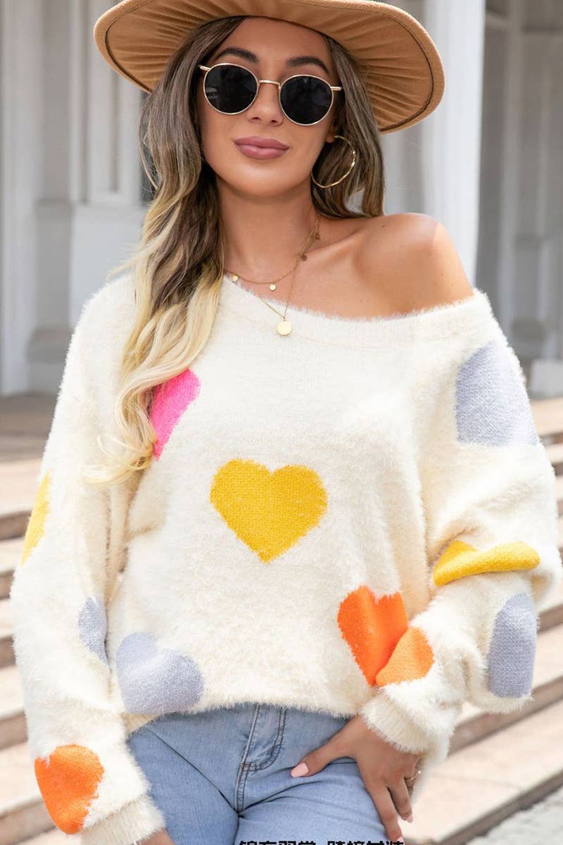 WOMEN ROUND NECK LOVE PATTERNED SOFT SWEATER_CWOSWL1446