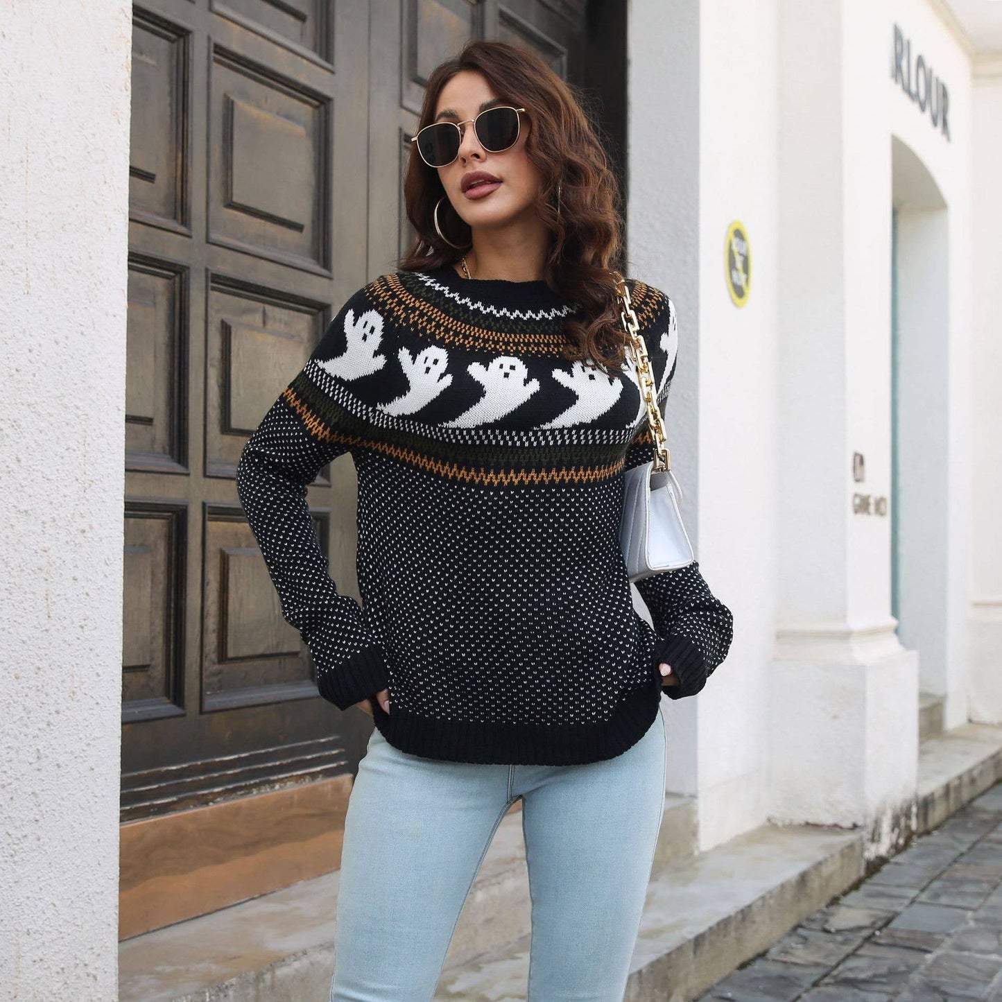 SKULL JACQUARD VINTAGE LONG-SLEEVED KNIT SWEATER