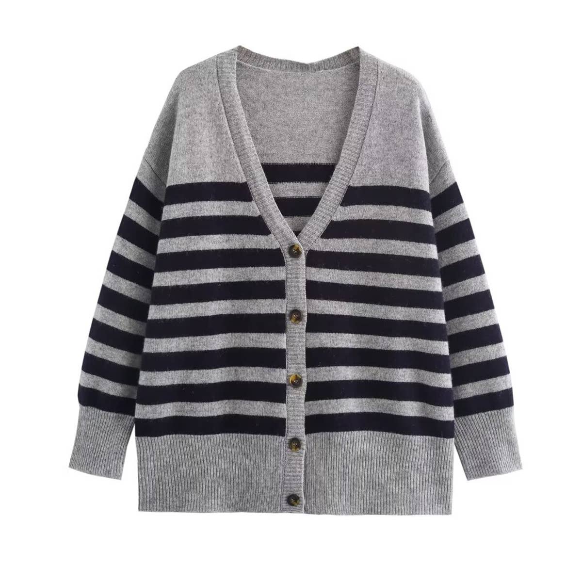 STRIPED BREASTED V-NECK KNIT CARDIGAN JACKET