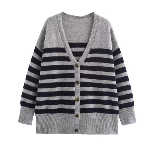 STRIPED BREASTED V-NECK KNIT CARDIGAN JACKET