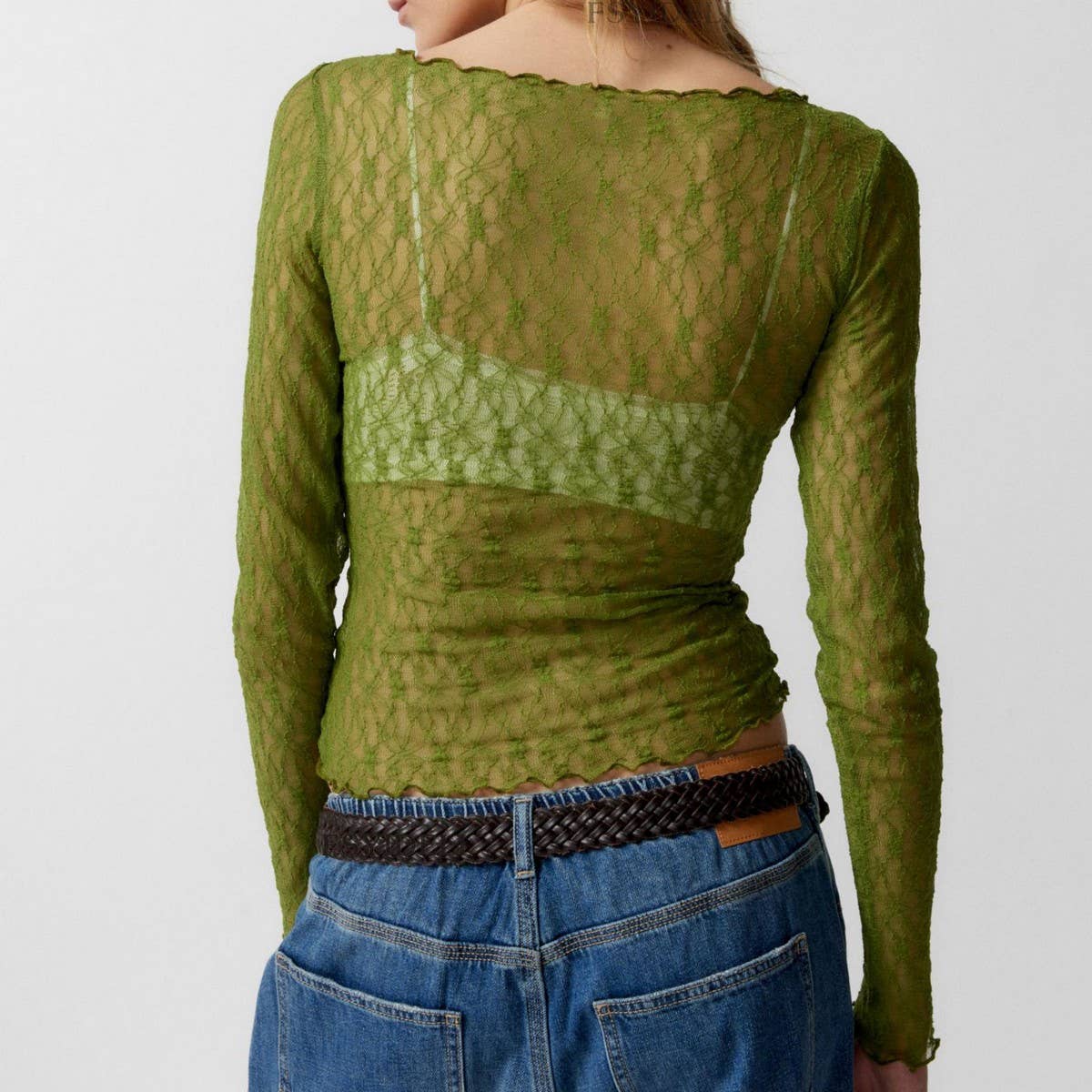 SEMI SHEER MESH LACE T-SHIRT SLIM-FIT CROPPED TOP