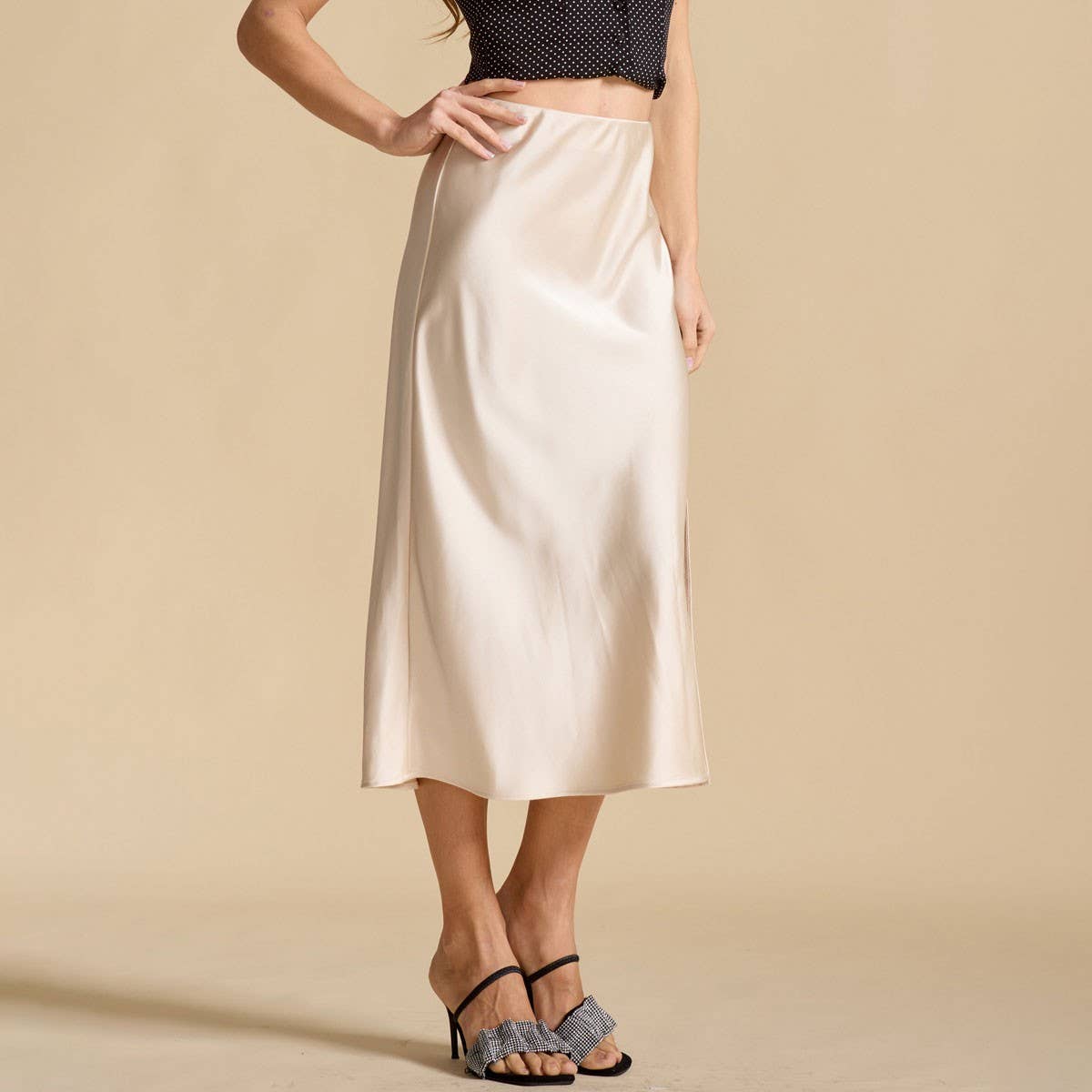 SATIN SKIRT HIGH WAIST ELASTIC SLANTED LONG SKIRT