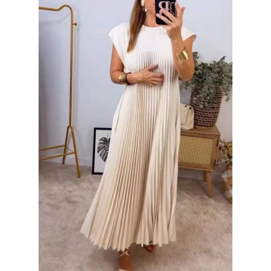 Elegant fashion round neck sleeveless pleated long dress