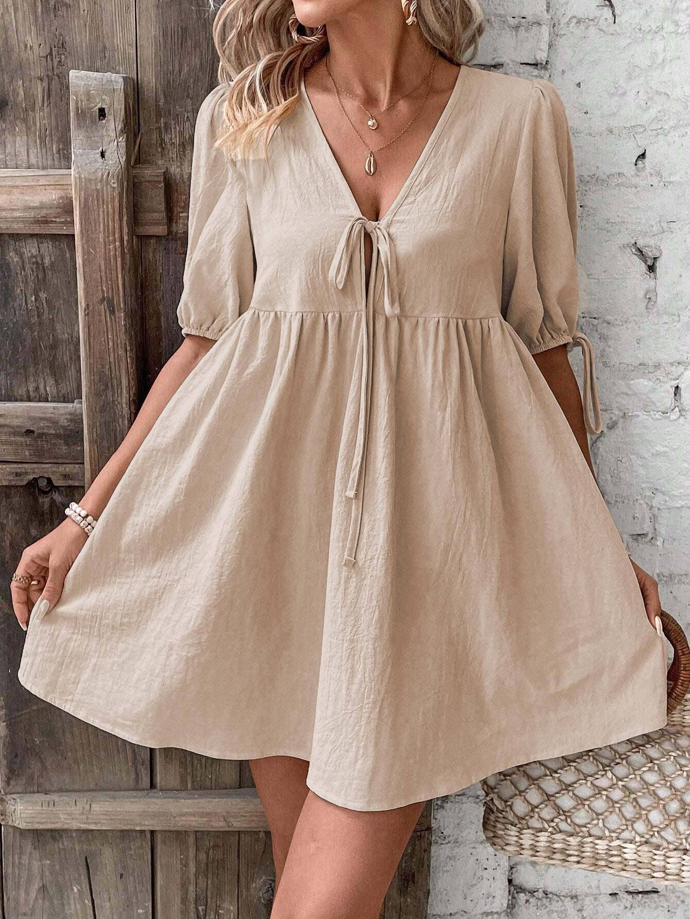 LOOSE WOVEN DEEP V-NECK LACE-UP DRESS