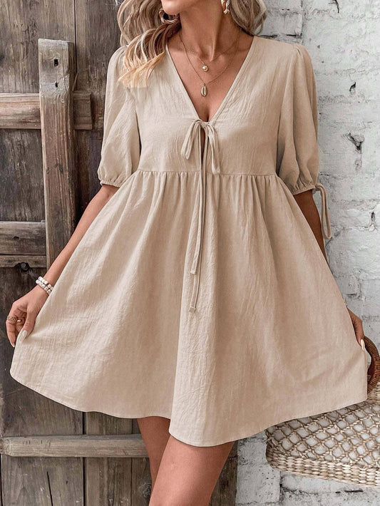 LOOSE WOVEN DEEP V-NECK LACE-UP DRESS