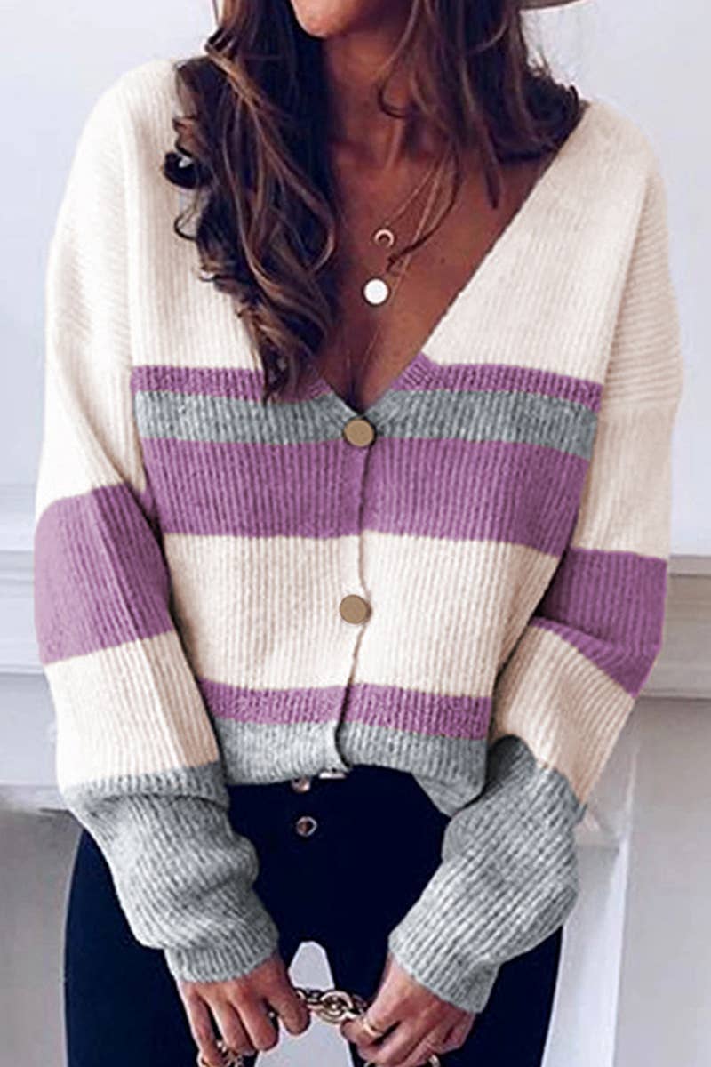 V-NECK BUTTON-STRIPED PATCHWORK SWEATER CARDIGAN