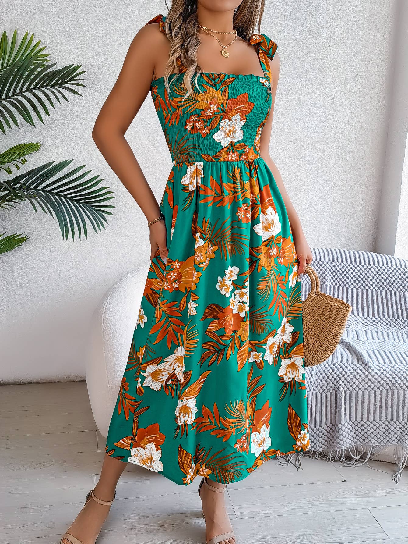 Printed lace-up halter dress Holiday beach dress
