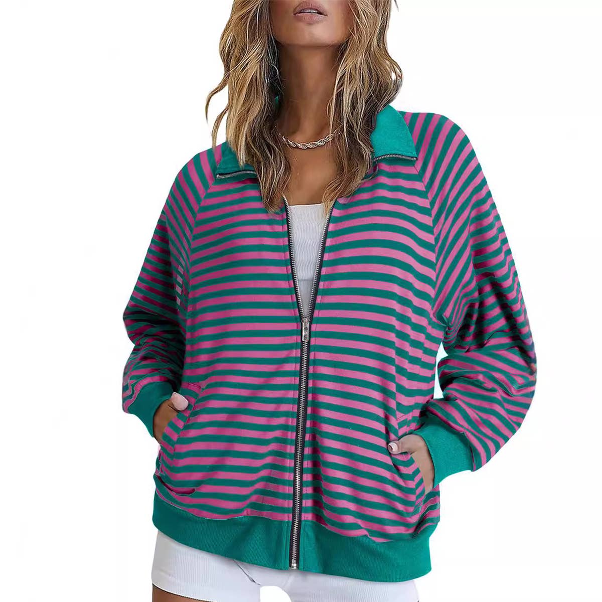 STRIPED ZIP COAT WITH LAPEL IN CONTRASTING COLORS