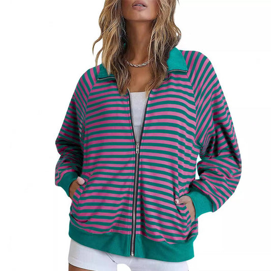STRIPED ZIP COAT WITH LAPEL IN CONTRASTING COLORS