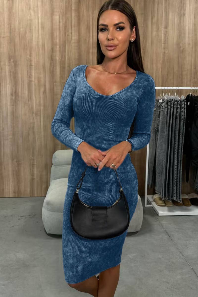 CWDSD6032_SOLID COLOR LONG SLEEVE V-NECK SLIM-FIT DRESS