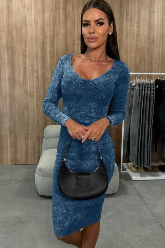 CWDSD6032_SOLID COLOR LONG SLEEVE V-NECK SLIM-FIT DRESS