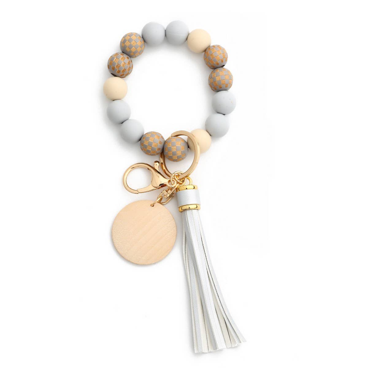 Checkerboard Wood Bead Bracelet Silicone Keychain_CWMM6877