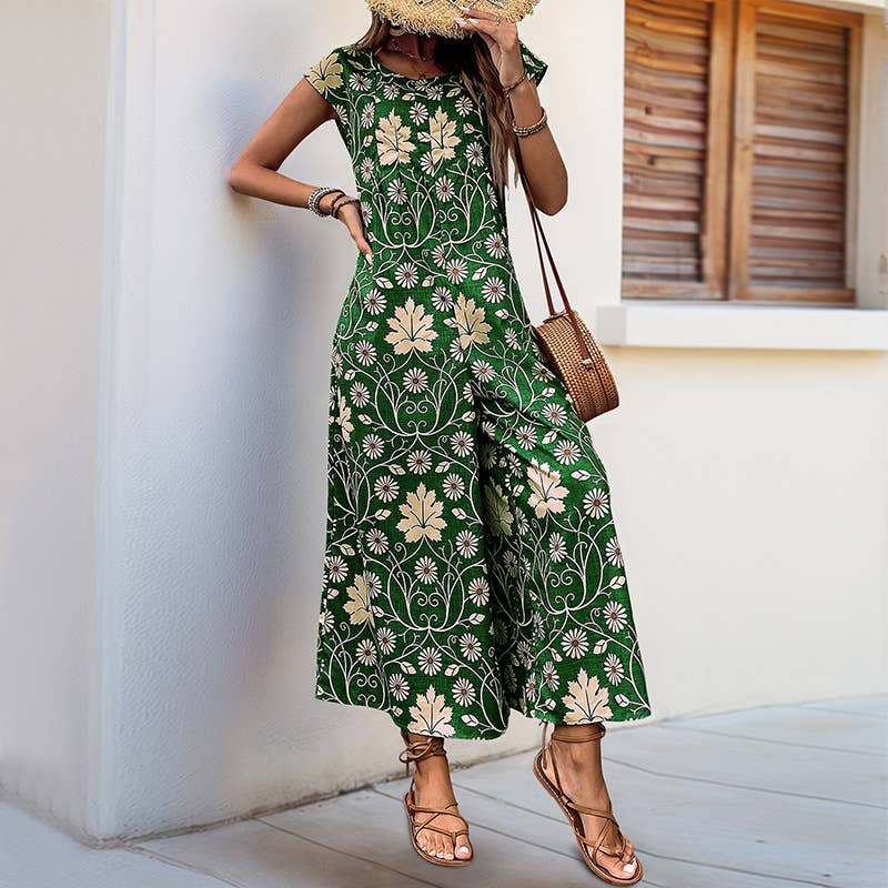 Vintage floral print casual straight-leg jumpsuit