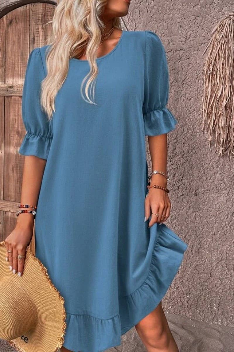 CWDSD10874_VINTAGE COTTON LINEN SHORT SLEEVE SWING DRESS