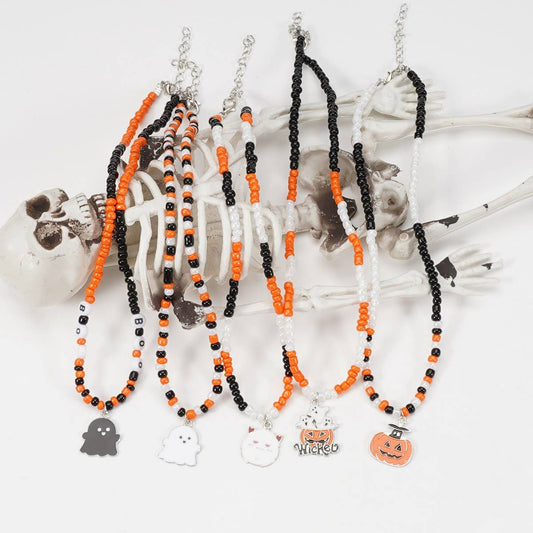 CWAJE05680_HALLOWEEN GHOST PUMPKIN BEADED PENDANT NECKLACE